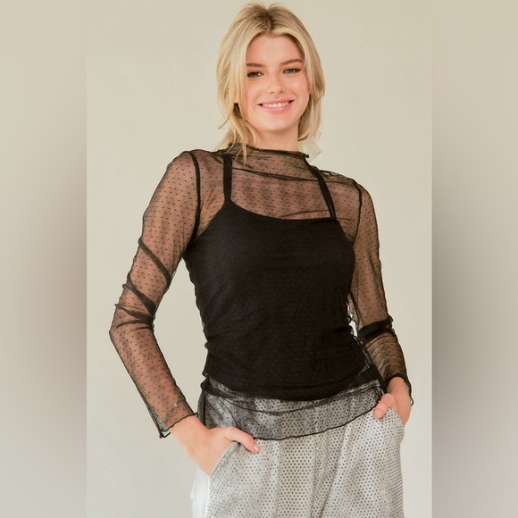 🟠 157B. Mesh Dotted sheer long Sleeve - Black - Picture 2 of 9